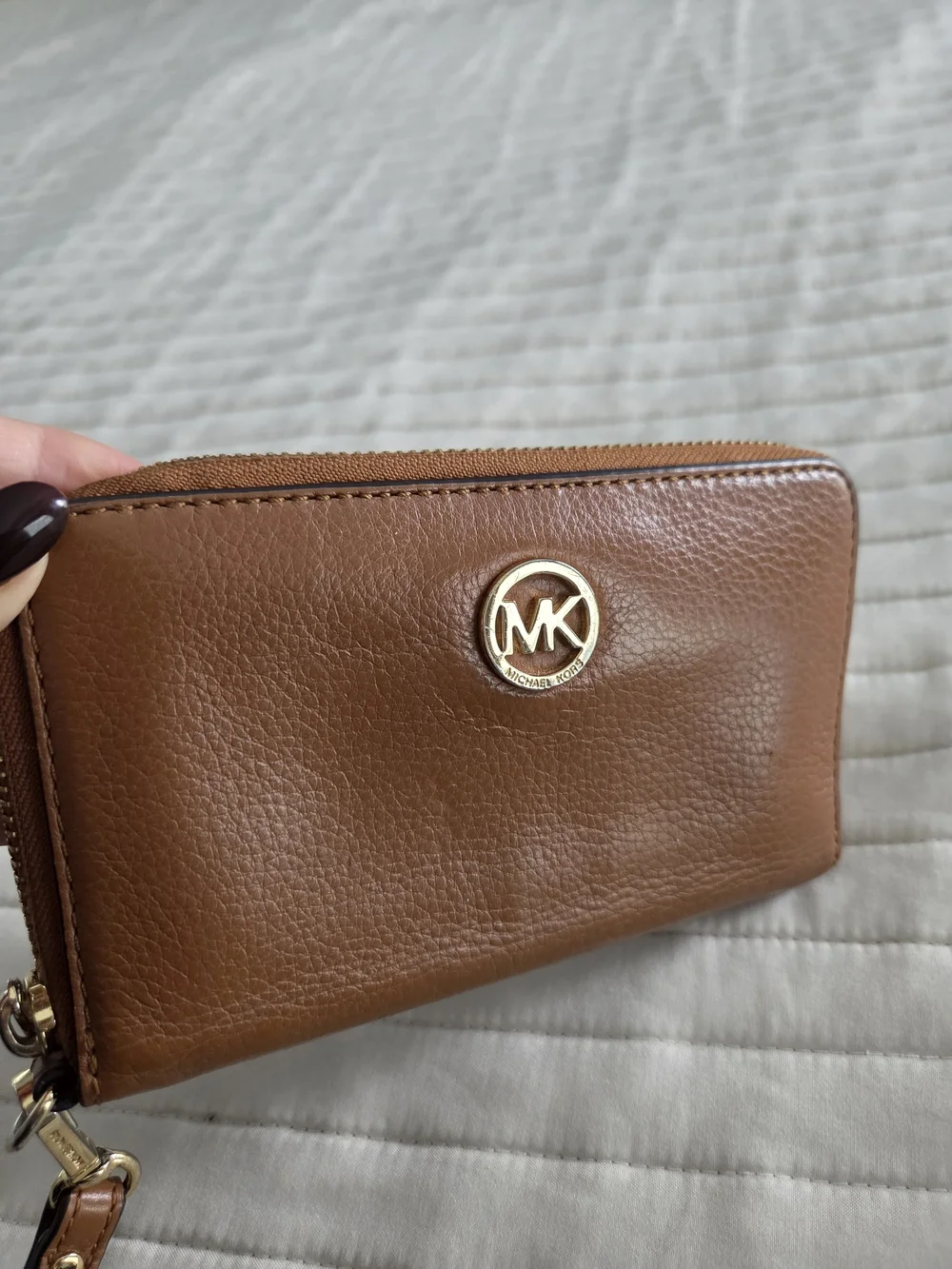 Michael Kors Cognac Leather Wristlet/Wallet with Gold MK Emblem